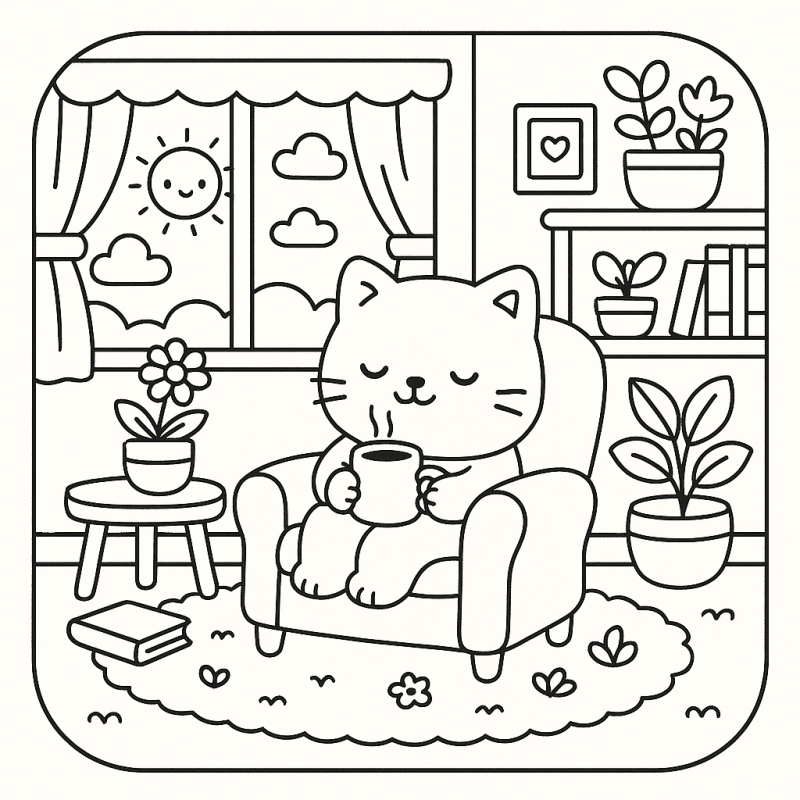 Desenho de gato fofo na poltrona bebendo chá