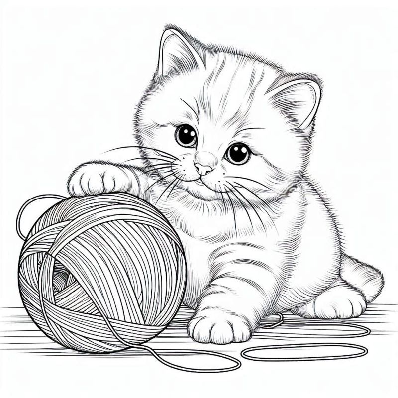 Desenho de um gato filhote com novelo de lã para colorir