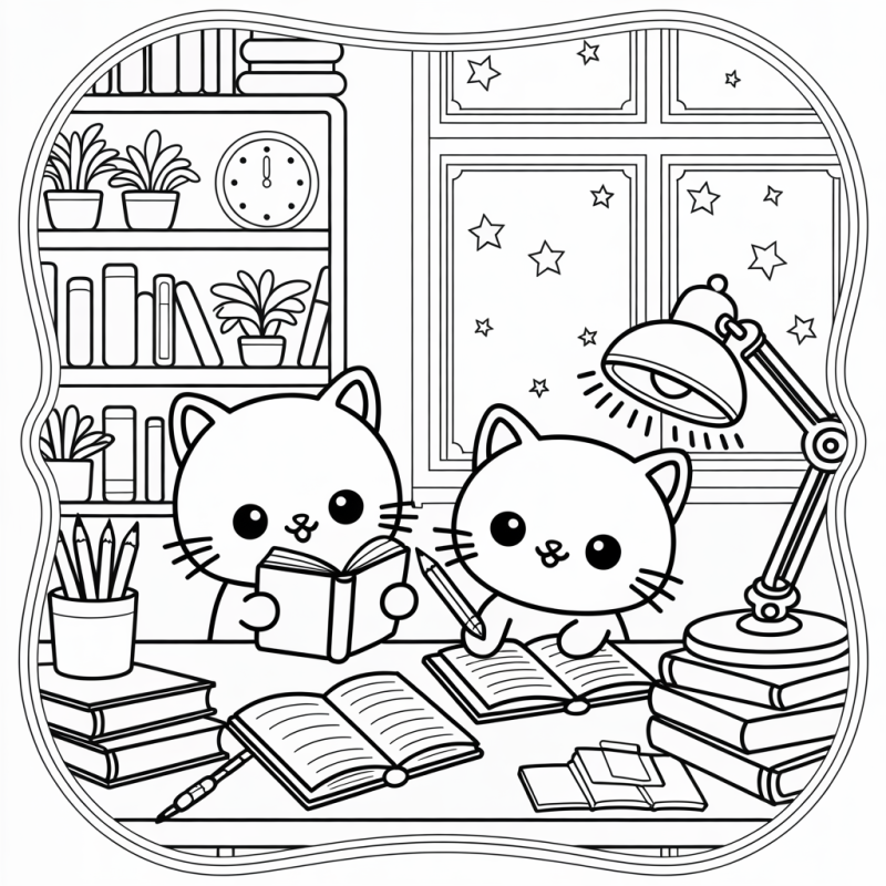 Desenho Boobie Goods: Gatos Estudiosos em Cenário Acolhedor Dois gatos Boobie Goods estudando em uma mesa com livros e uma luminária.