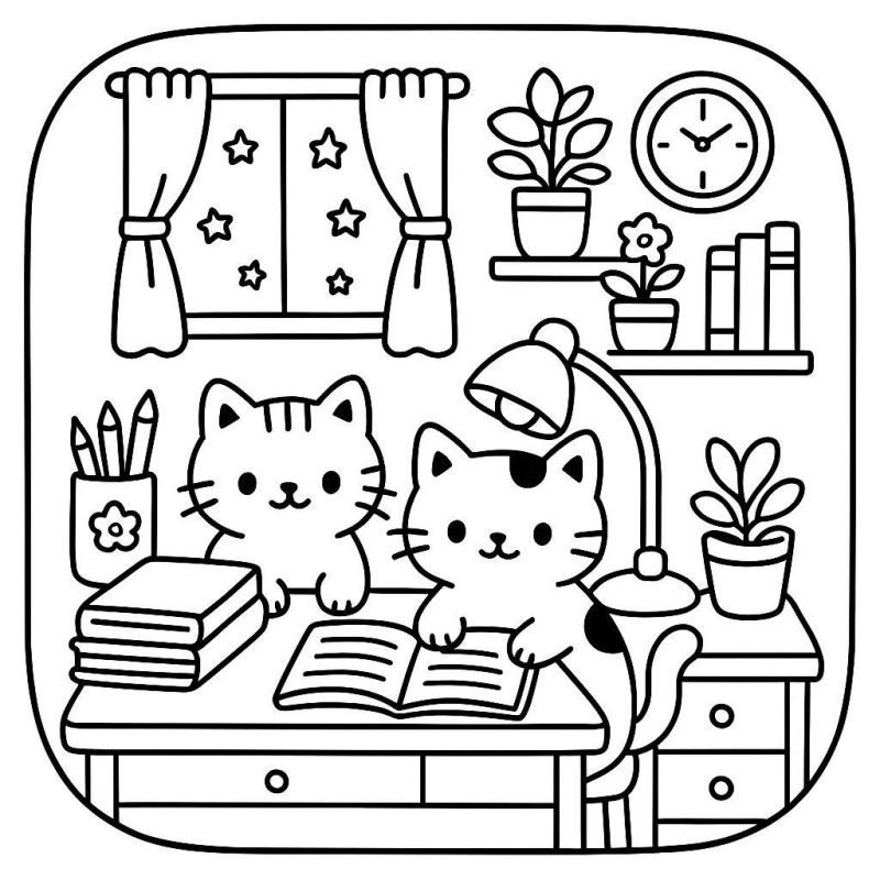Desenho de Gatinhos Leitores no Escritório Gatinhos leitores fofos no escritório com livros, luminária e cenário estrelado