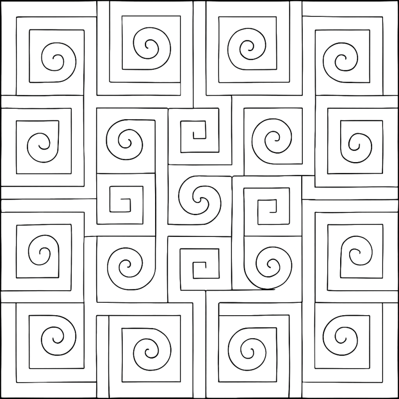 Desenho geométrico de espirais em quadrados para colorir.