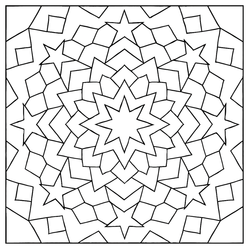 Desenho de estrela geométrica abstrata para colorir, com camadas concêntricas e formas simétricas