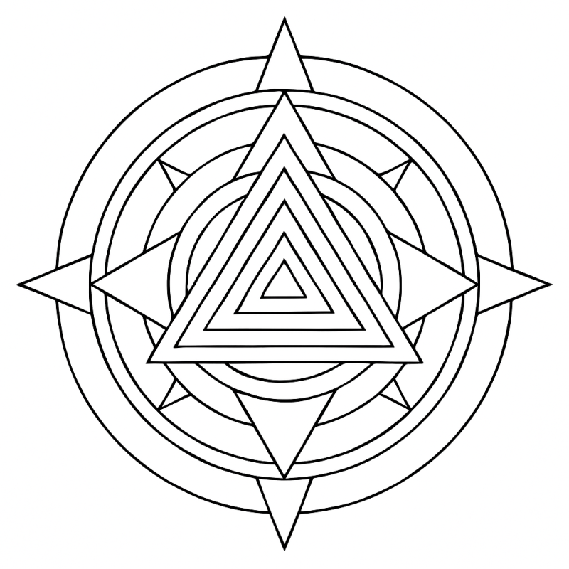 Desenho de padrão geométrico abstrato com triângulos e círculos para colorir