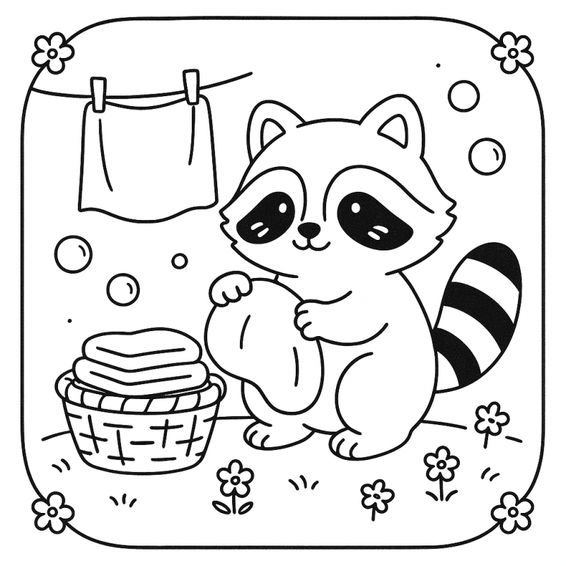 Guaxinim adorável e antropomorfizado no estilo Boobie Goods segurando pano ao lado de cesto, com flores e bolhas ao redor