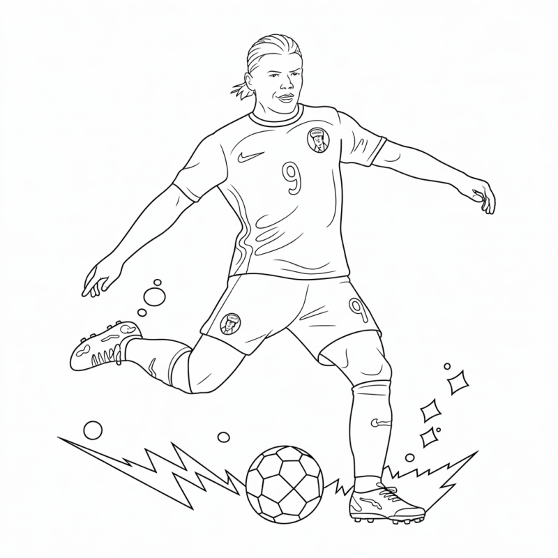 Desenho de Erling Haaland em ação para colorir, chute com energia