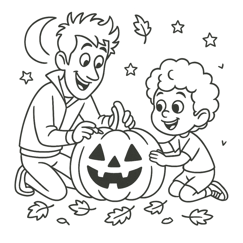 Desenho para Colorir: Esculpindo Abóbora de Halloween Desenho de um adulto e criança esculpindo abóbora de Halloween com expressão de lanterna de Jack