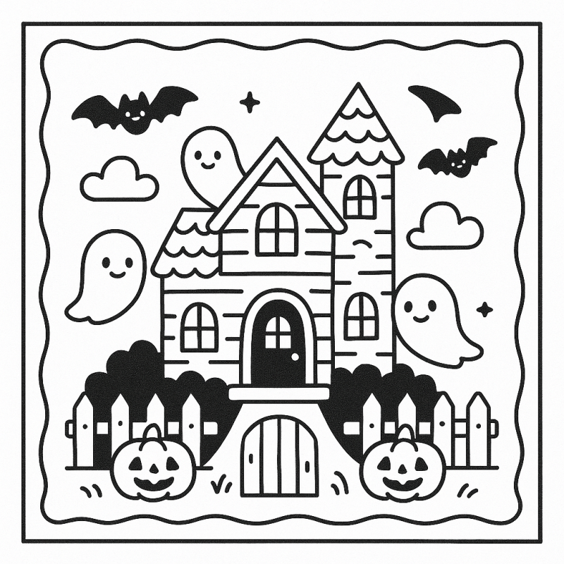 Cena Divertida de Halloween: Casa Assombrada e Abóboras para Colorir
