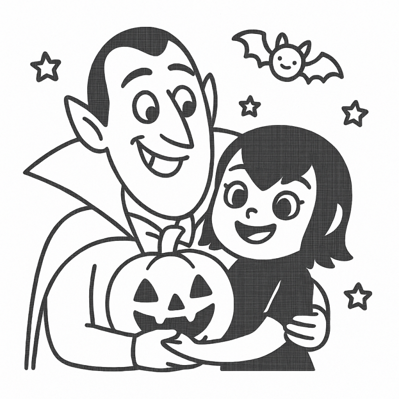 Desenho de Vampiro e Criança com Abóbora para Colorir Desenho de vampiro e criança com abóbora sorridente para colorir