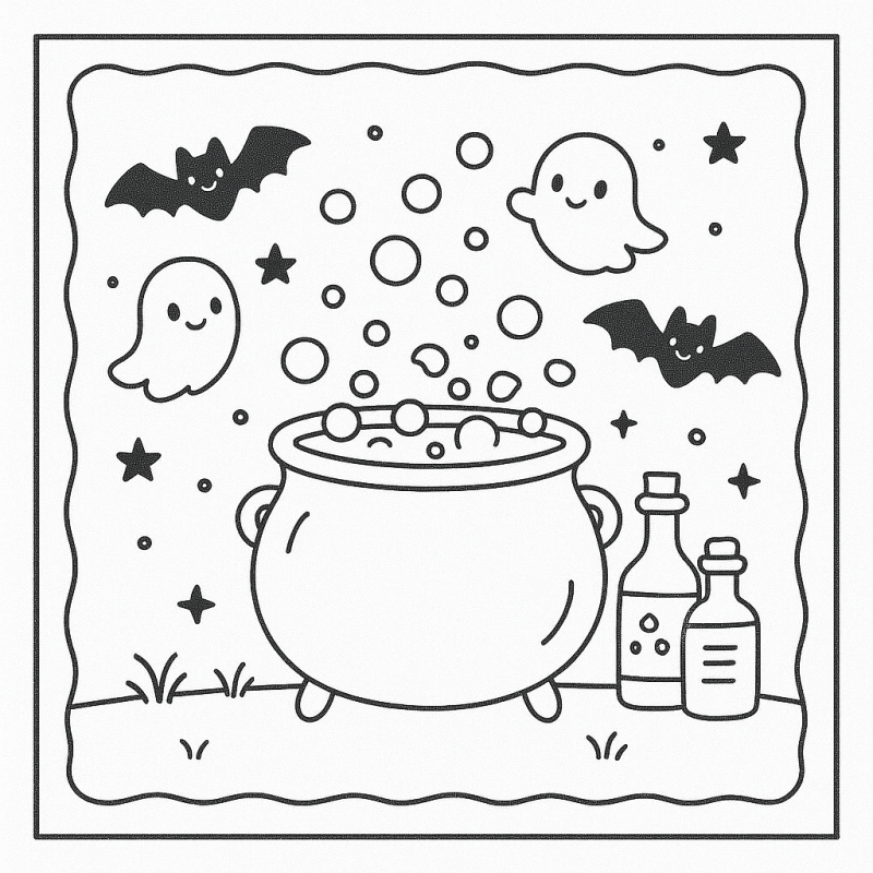 Desenho de Caldeirão Mágico com Fantasmas para Colorir
