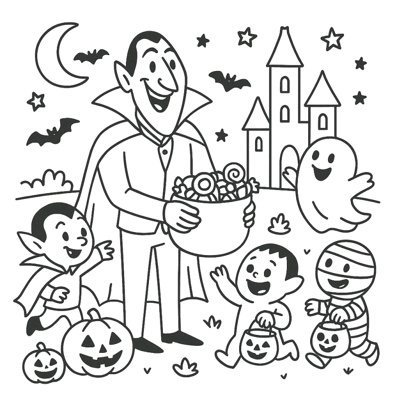 Desenho Divertido de Vampiro e Crianças para Colorir Desenho de Halloween com vampiro central em destaque, cercado por crianças fantasiadas, castelo assombrado ao fundo e abóboras.