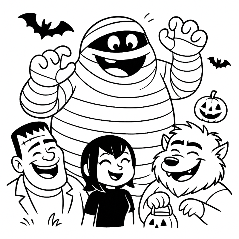 Desenho de Halloween: Múmia, Frankenstein e Amigos para Colorir Cena animada com múmia, Frankenstein, criança vampira e lobisomem para colorir