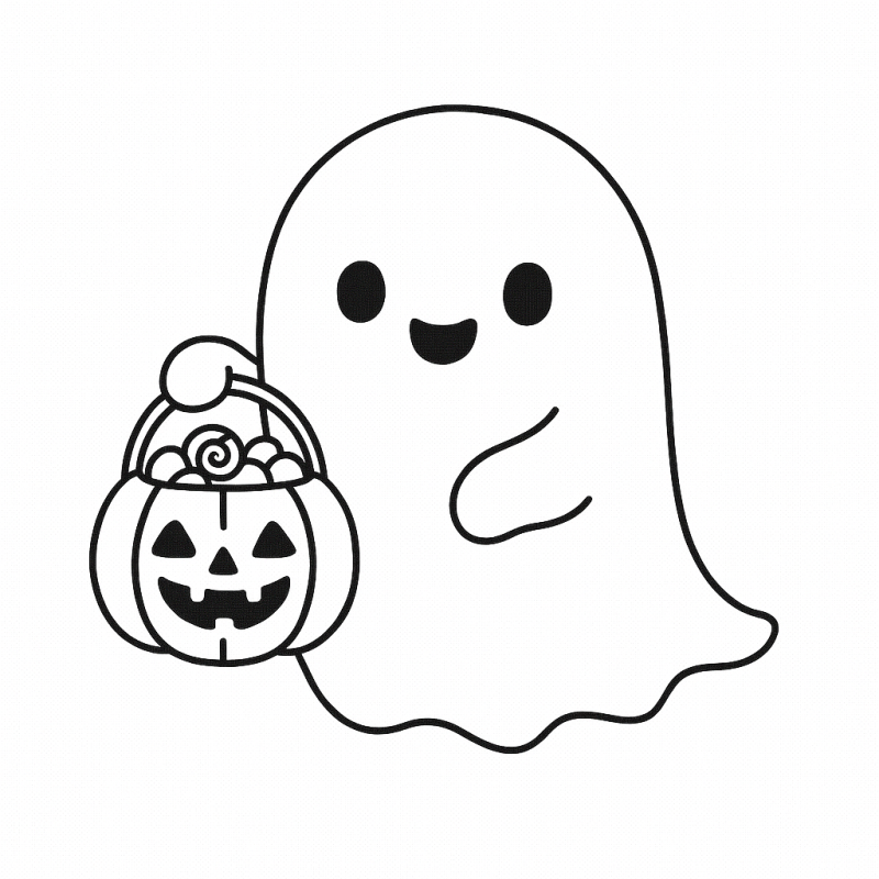 Desenho de Fantasma Sorridente com Abóbora de Halloween Desenho de fantasma sorridente segurando uma abóbora de Halloween
