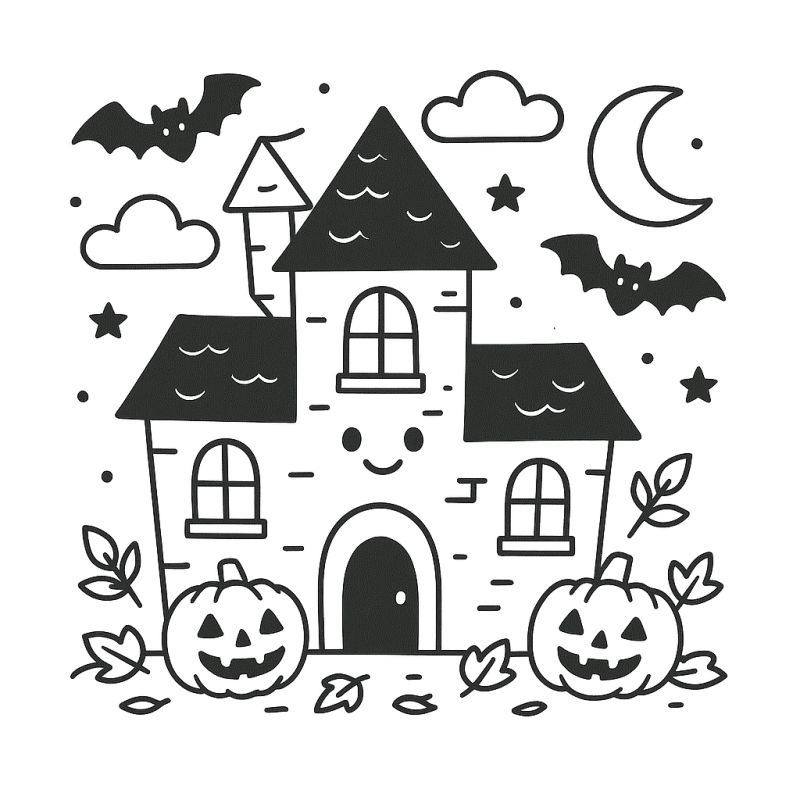 Desenho de Mansão Assombrada e Abóboras para Colorir Desenho de uma mansão assombrada com abóboras e morcegos para colorir.