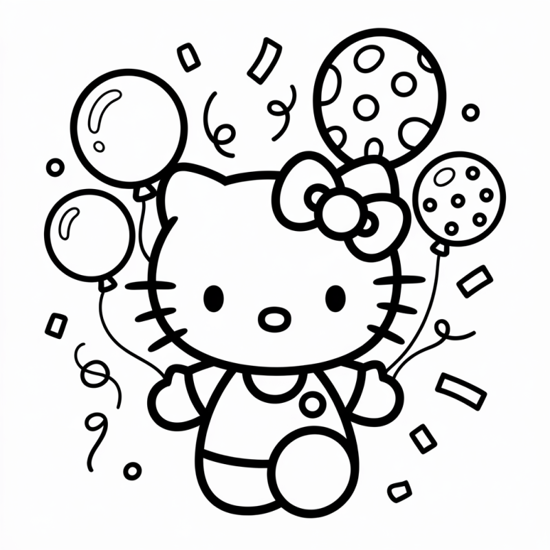 Desenho em preto e branco da Hello Kitty segurando balões com padrões diversos.