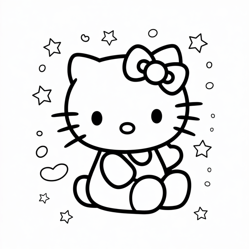 Desenho encantado da Hello Kitty sentada com estrelas ao redor para colorir