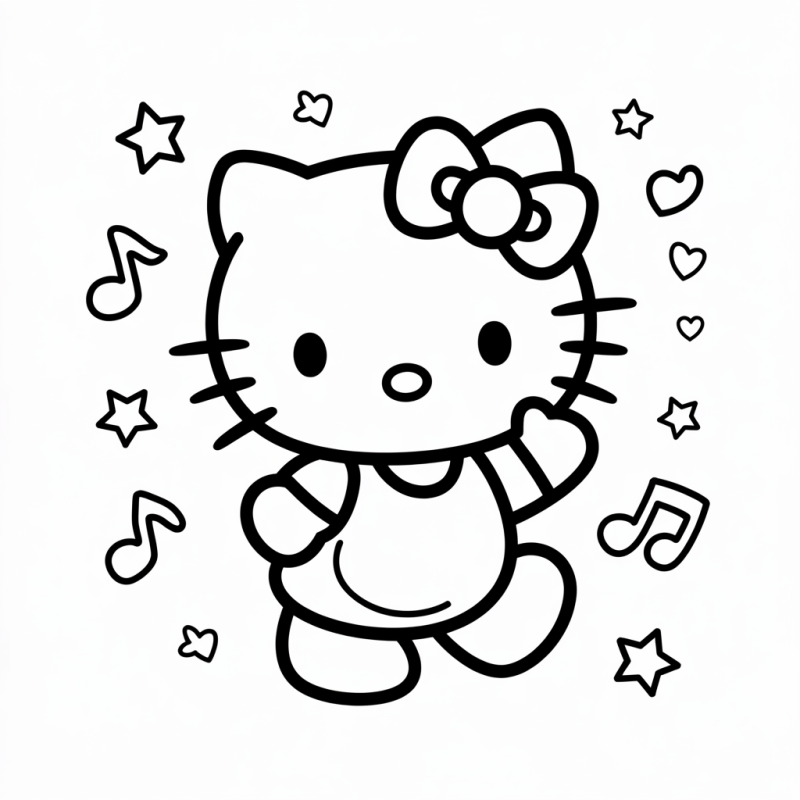 Desenho de Hello Kitty dançando com estrelas, notas musicais e corações ao redor
