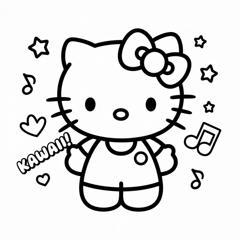 Desenho da Hello Kitty com laço, corações e estrelas, estilo kawaii