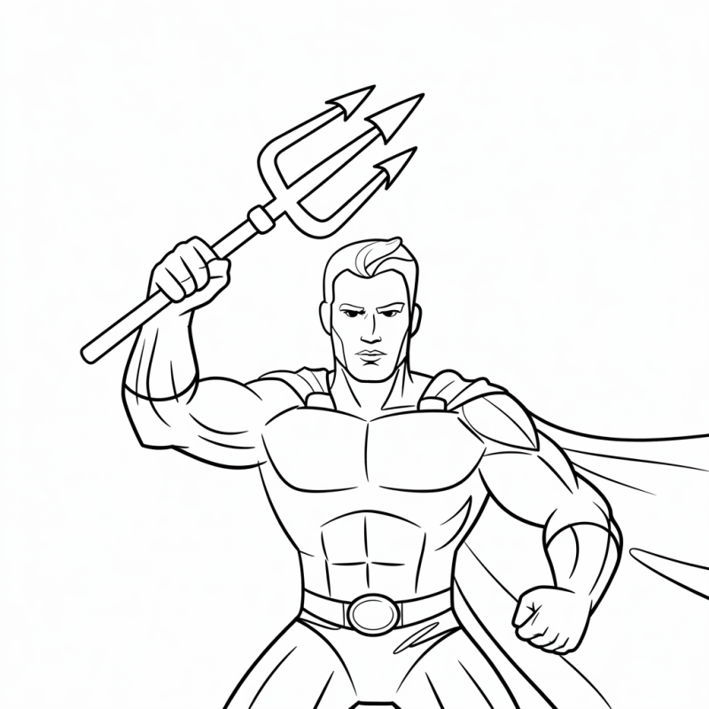Super-Herói em Ação com Tridente para Colorir