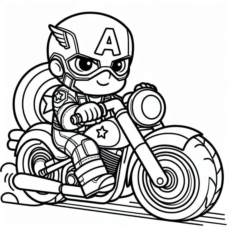 Desenho do herói chibi de capacete em uma moto para colorir