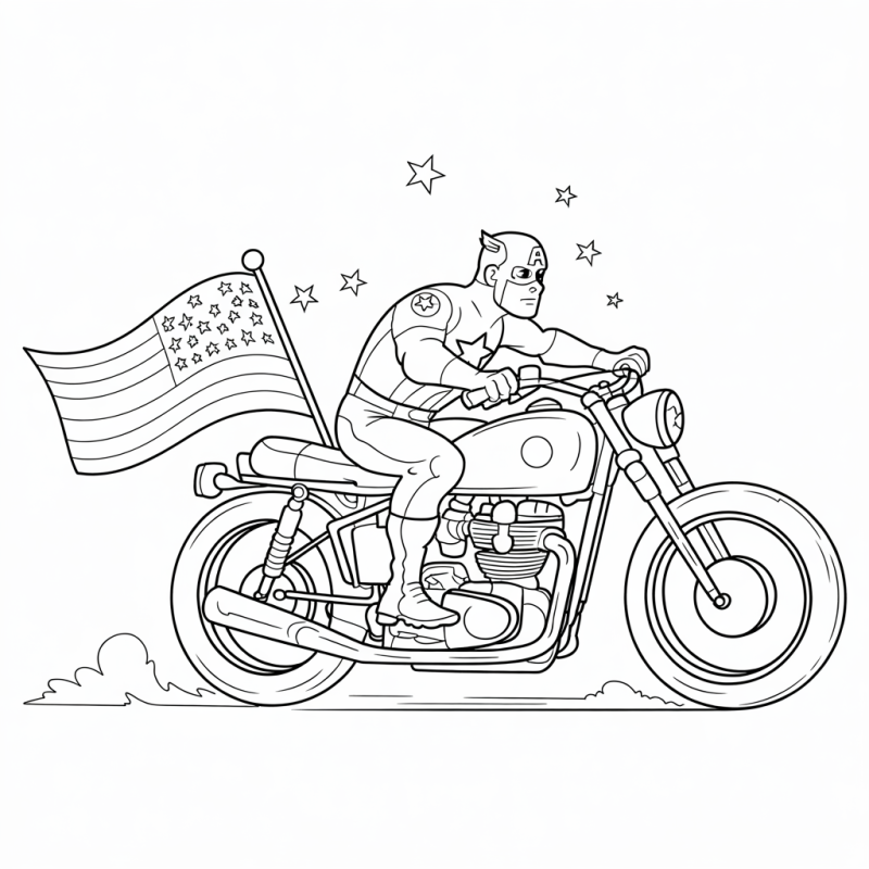 Capitão América pilotando motocicleta clássica com bandeira dos EUA