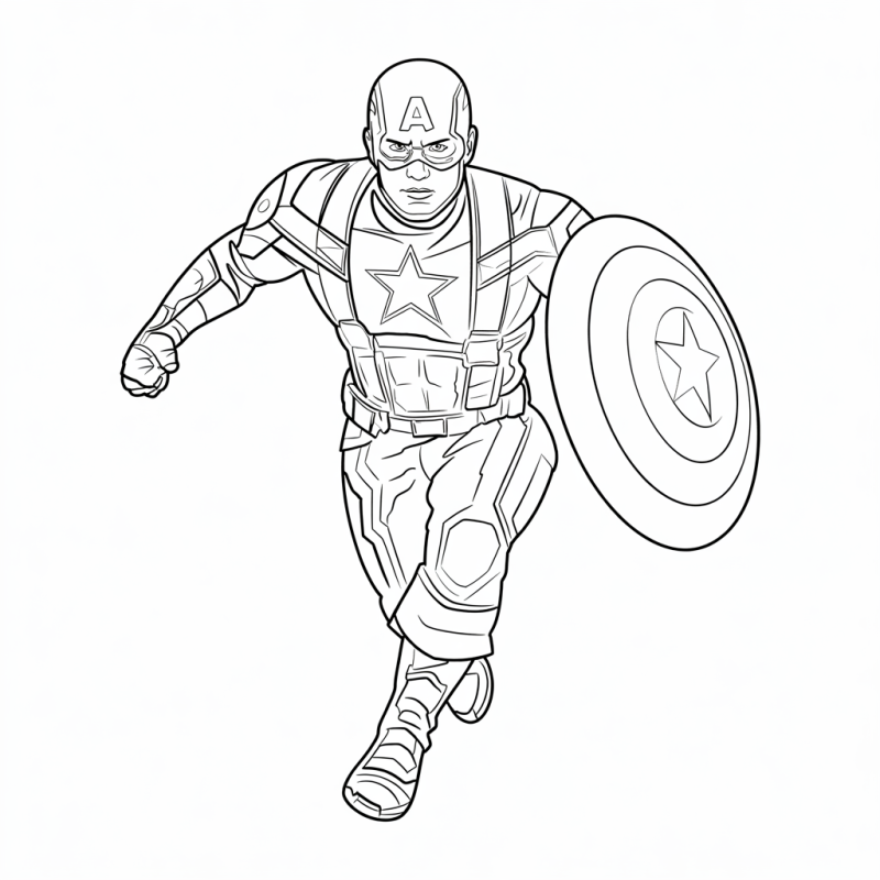 Desenho em preto e branco do Capitão América em movimento para colorir