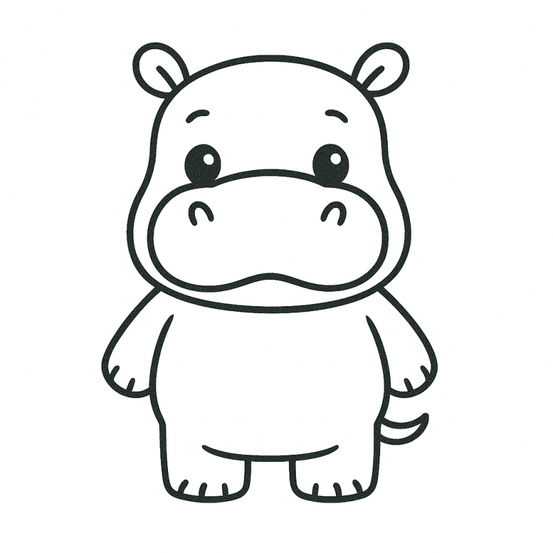 Desenho de um hipopótamo fofo e simpático, ideal para colorir por crianças pequenas.