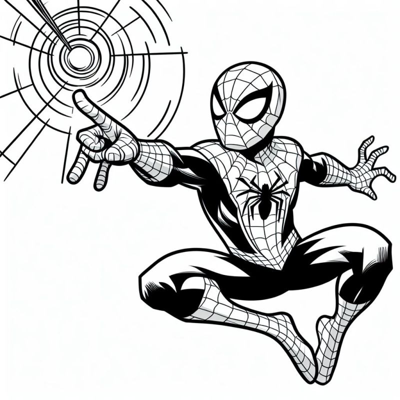 Desenho do Homem-Aranha saltando para lançar teia, pronto para colorir