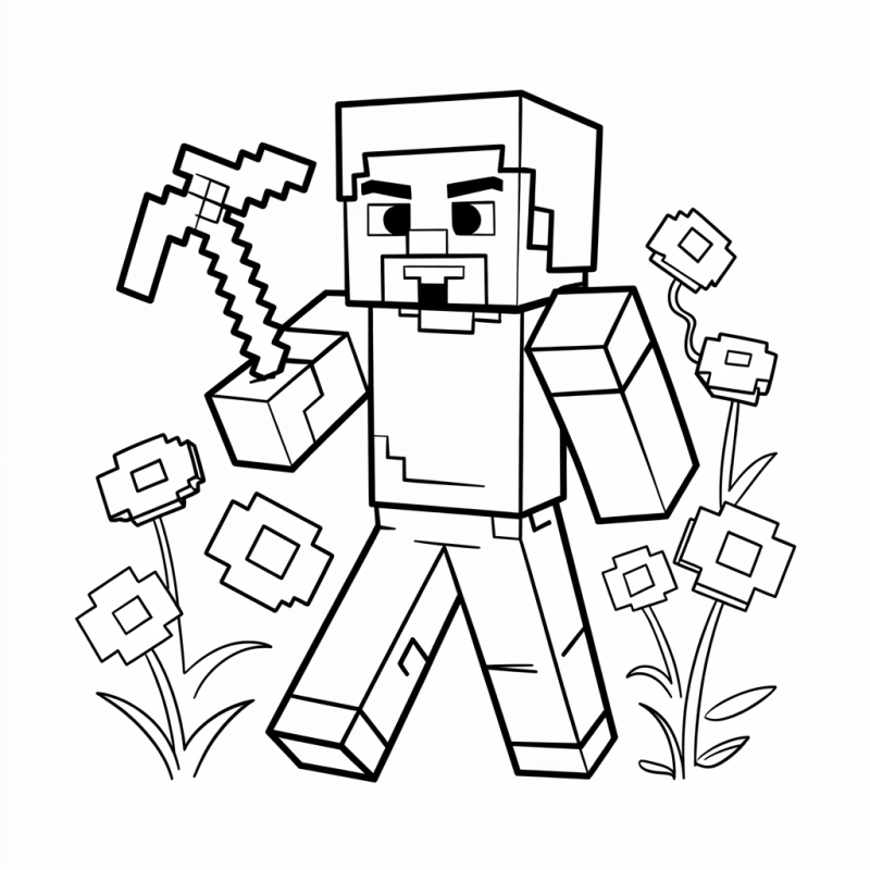 Desenho para colorir de personagem icônico de Minecraft com picareta e flores