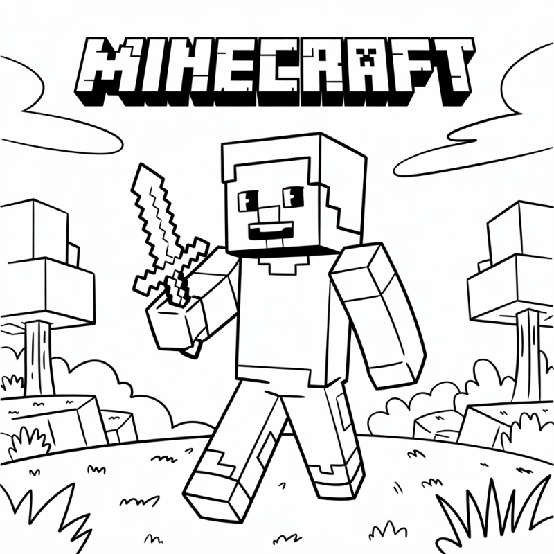 Desenho de personagem Minecraft com espada para colorir