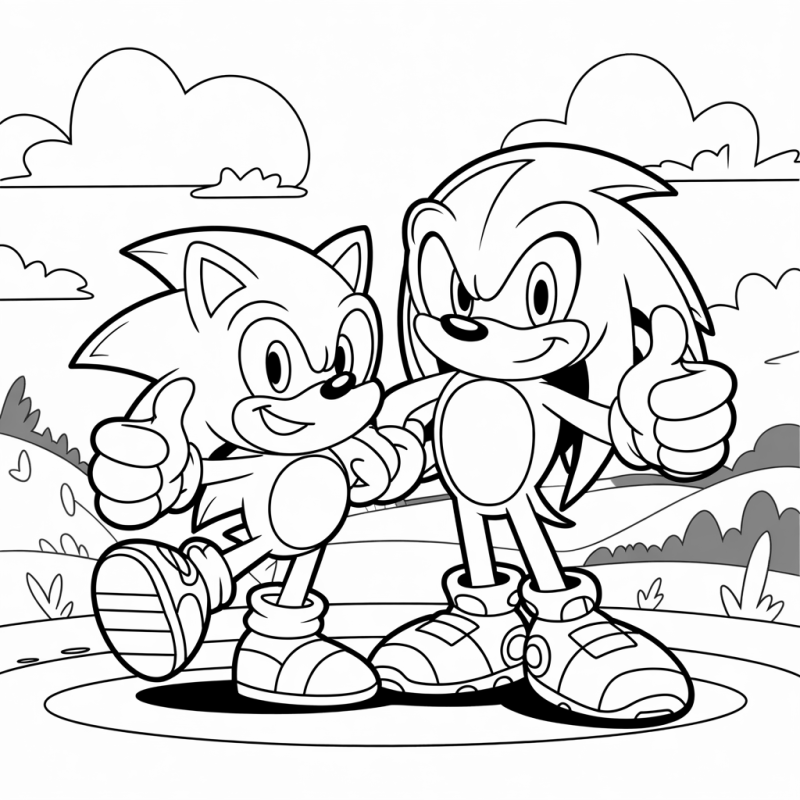 Desenho do Sonic e Knuckles para colorir com cenário amigável