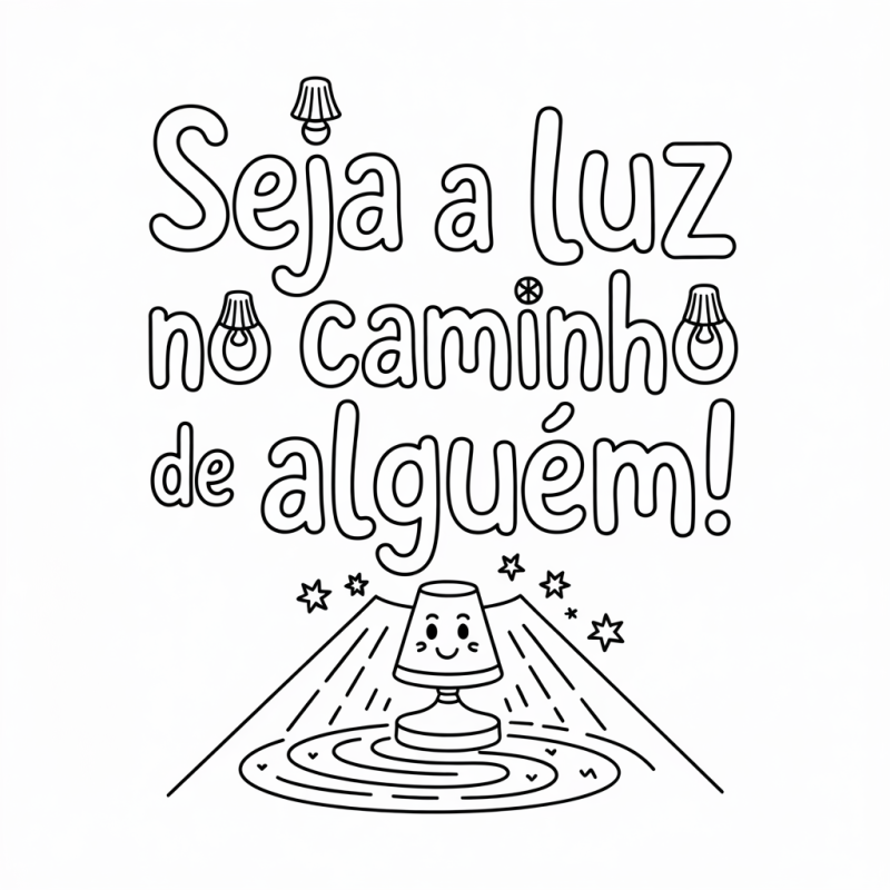 Desenho inspirador de frase positiva com lâmpadas e abajur para colorir