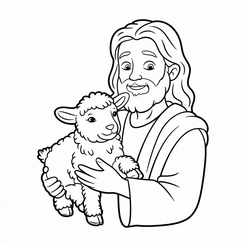 Desenho de linha de Jesus com um cordeiro para colorir
