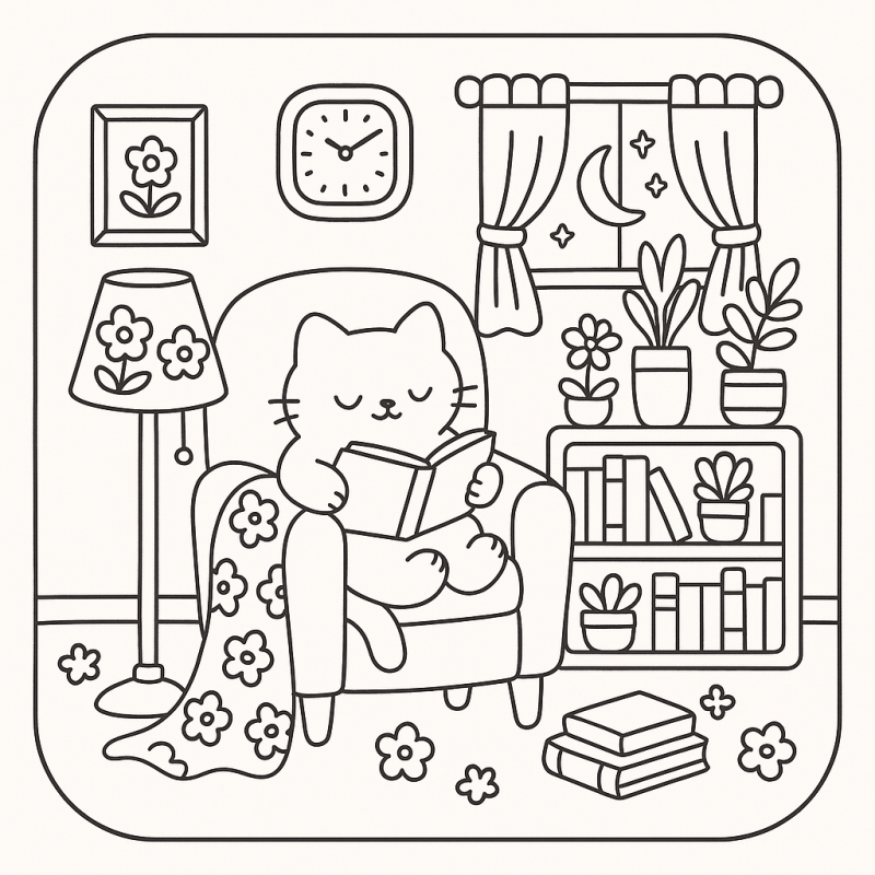 Desenho de Gato Aconchegante na Poltrona para Colorir Gato aconchegante lendo em uma poltrona na sala de estar