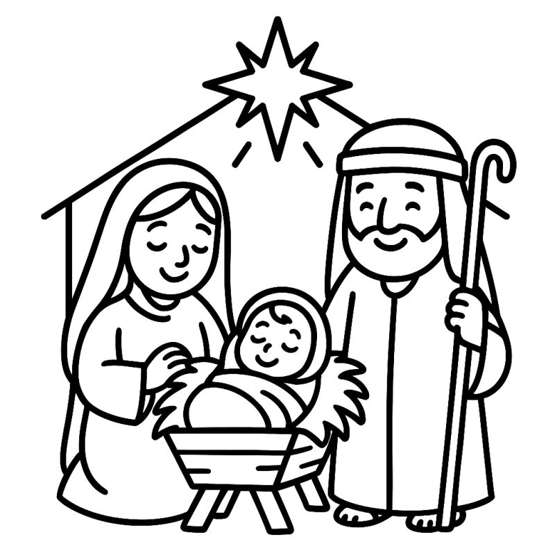 Cena clássica do nascimento de Jesus para colorir, ideal para crianças pequenas, com linhas grossas e formas simples.