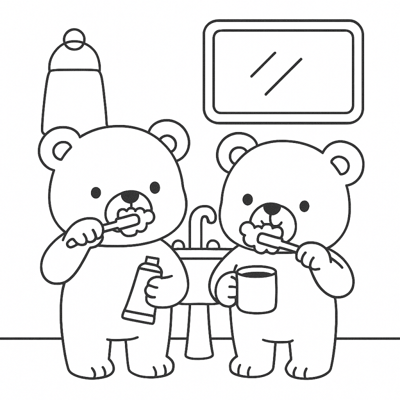 Desenho de dois ursos escovando os dentes, perfeito para colorir com Cozy Friends