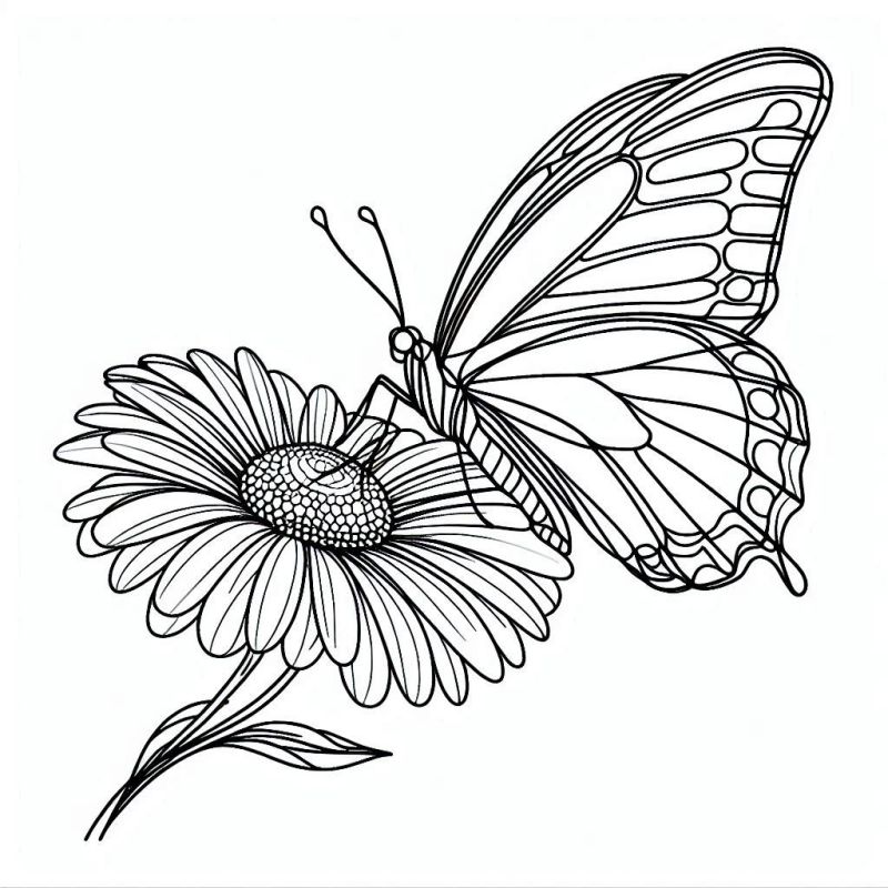 Desenho Realista de Borboleta com Flor para Colorir