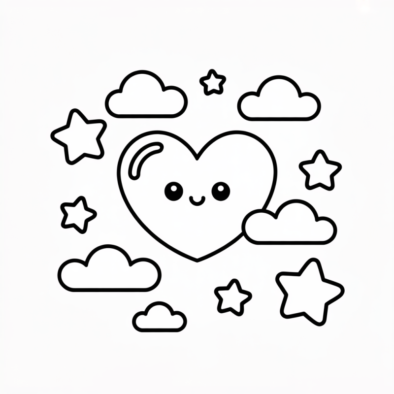 Colorir um Desenho Kawaii de Coração com Nuvens e Estrelas