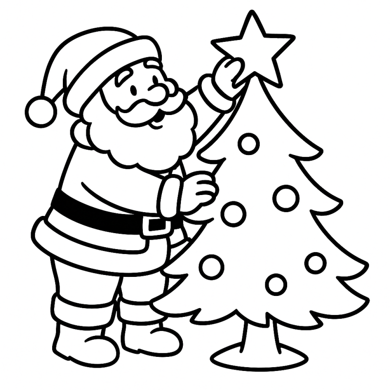 Desenho de Papai Noel decorando uma árvore de Natal com grandes formas, ideal para crianças pequenas colorirem.