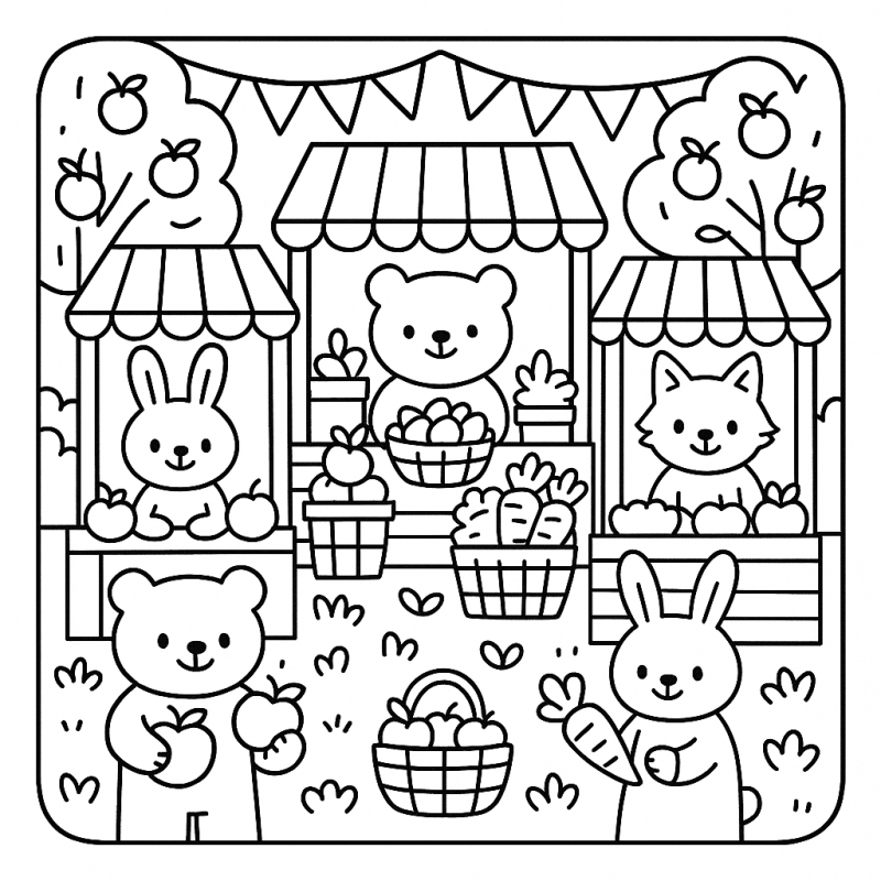 Desenho de uma feira ao ar livre com animais fofos para colorir