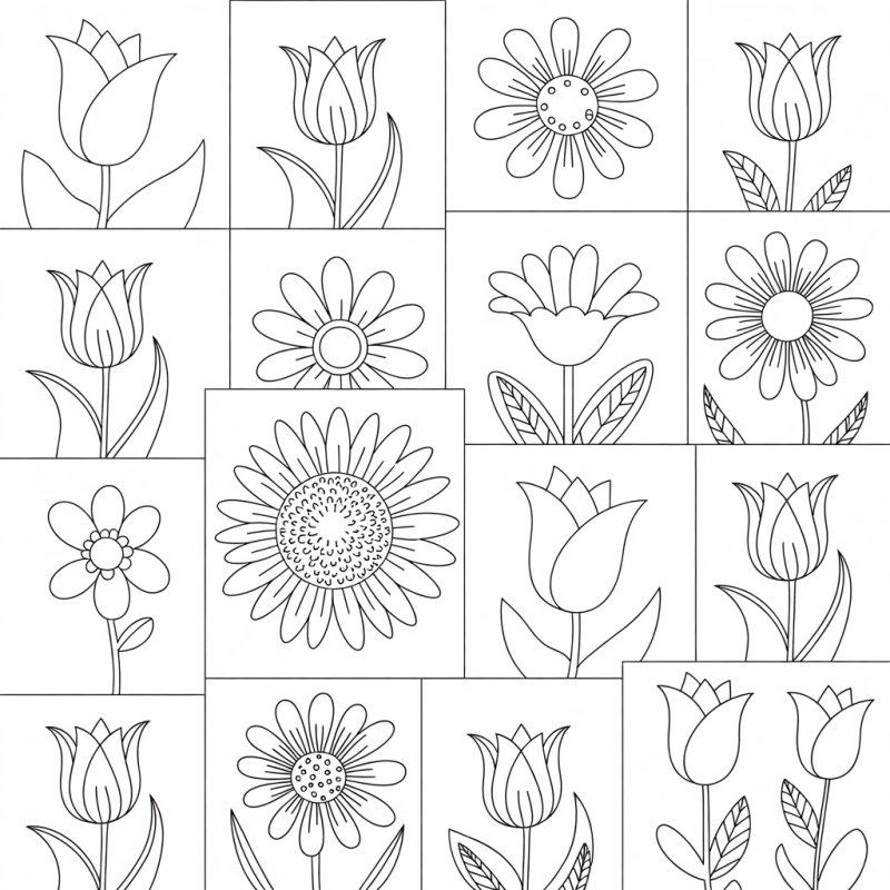 Desenho de flores estilizadas organizadas em uma composição para colorir