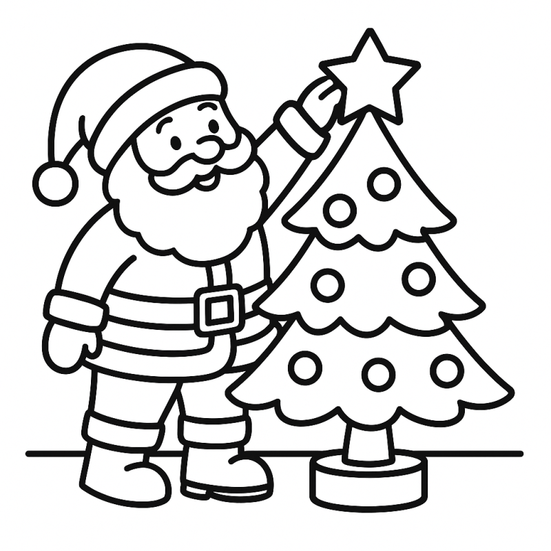 Desenho de Papai Noel alegre ao lado de uma árvore de Natal decorada