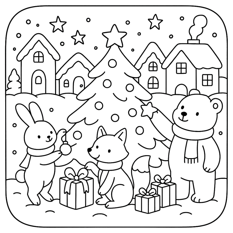 Desenho de cena festiva de Natal com árvore e animais no estilo Bobbie Goods