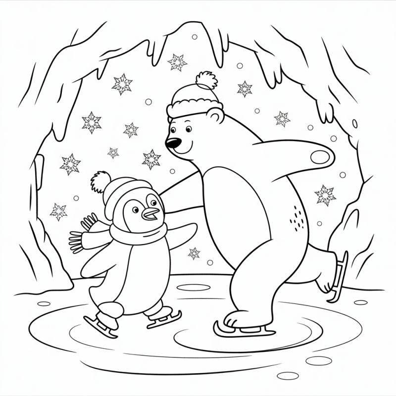 Desenho de urso polar e pinguim patinando em caverna de gelo