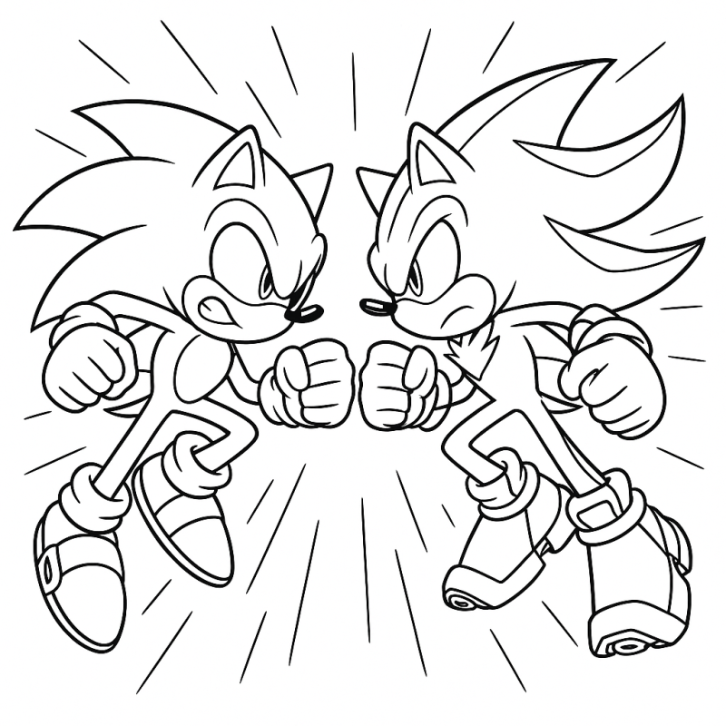 Desenho para colorir do Sonic enfrentando Shadow em uma posição de confronto