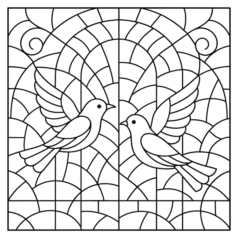 Desenho de pássaros inspirados em vitrais e mosaicos para colorir