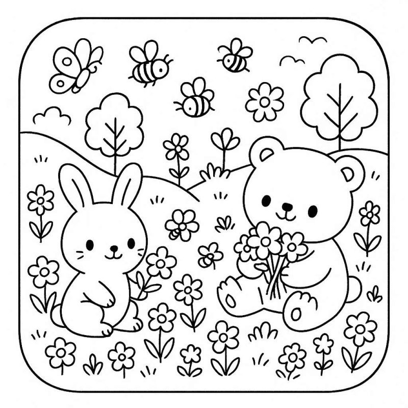 Essa ilustração fofa e delicada mostra um coelho e urso em um cenário campestre florido, ideal para colorir.