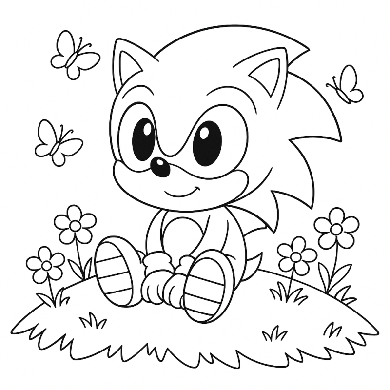 Desenho de Chibi Baby Sonic sentado na grama cercado por flores e borboletas para colorir
