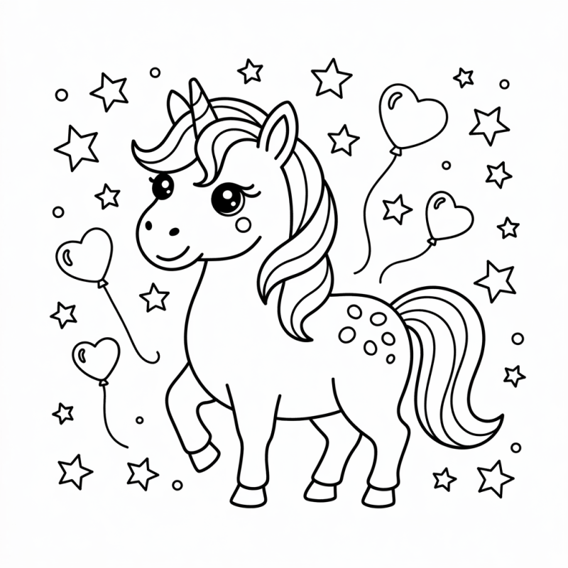 desenho de um unicórnio simpático com estrelas e balões para colorir