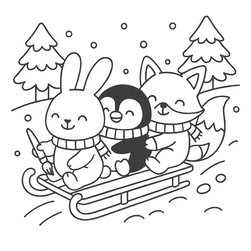 Desenho de amigos em trenó na neve para colorir, incluindo coelho, pinguim e raposa