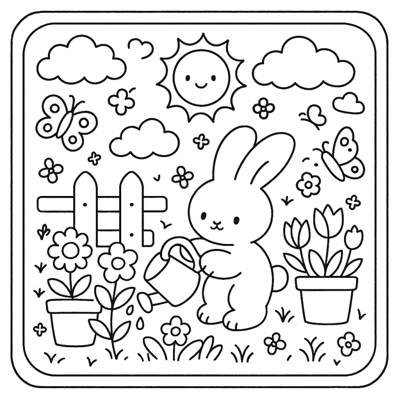 Desenho de Coelhinho Cuidador no Jardim para Colorir Desenho para colorir de um coelhinho com regador no jardim
